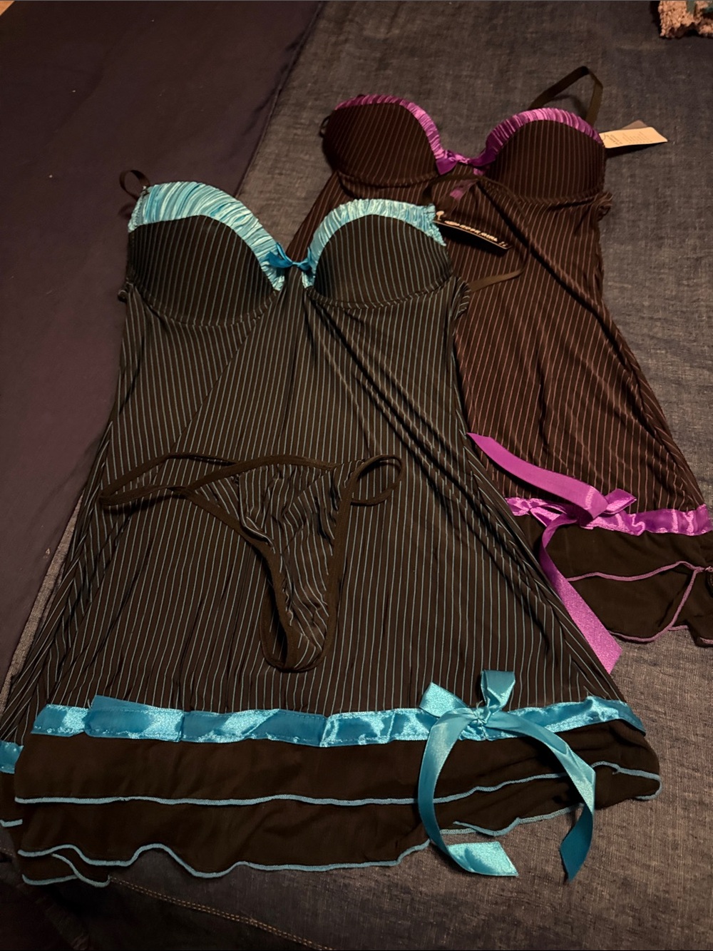 Black Pinstripe Chemise with Teal Satin Trim